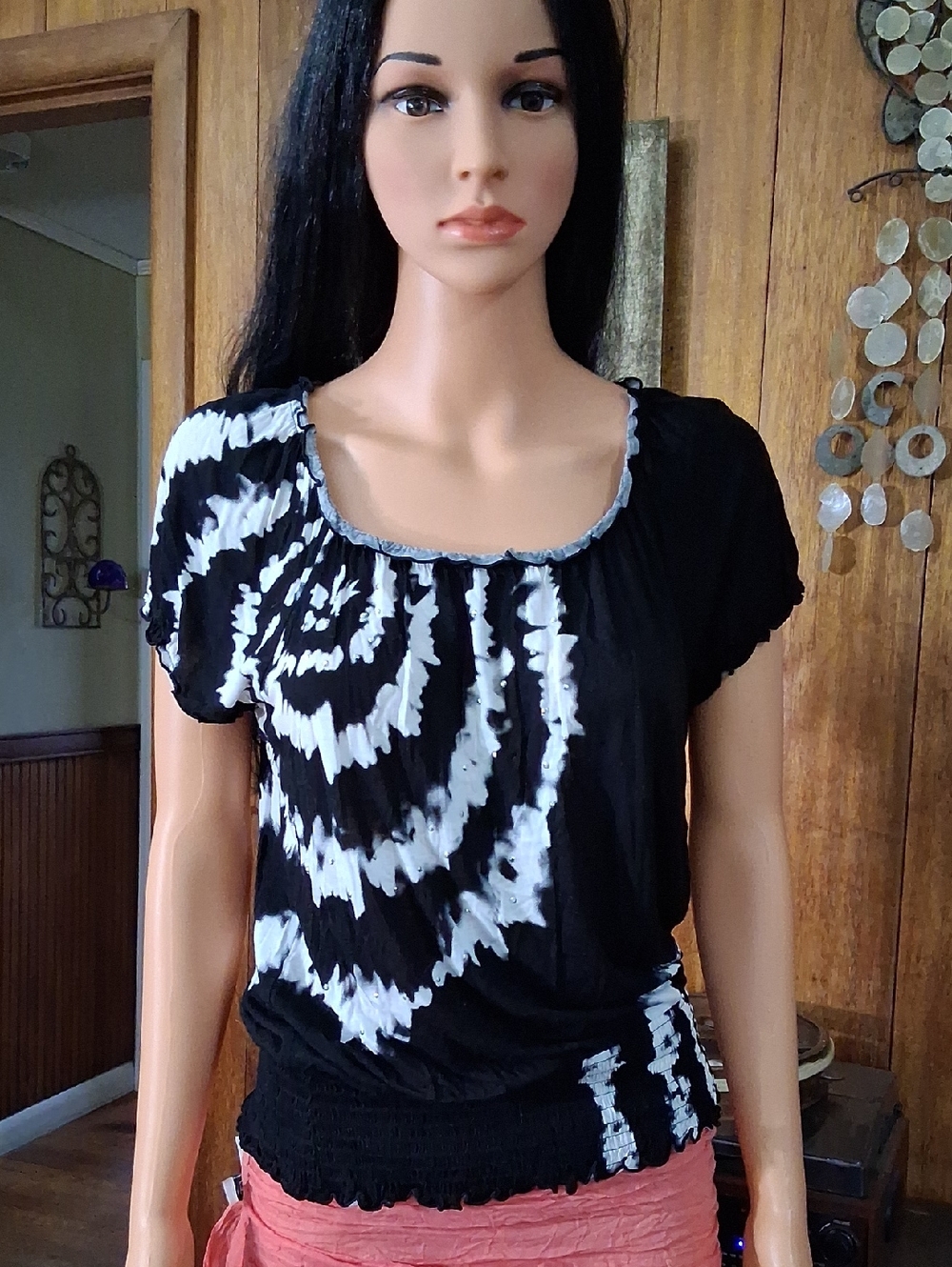 INC International Concepts Black & White Tie-Dye Scoop Neck Short Sleeve Top
